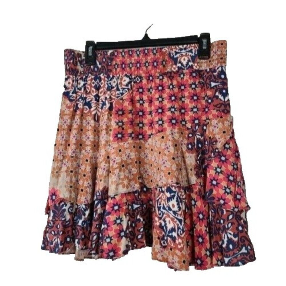 CAbi Floral Patchwork Isabel Mini Skirt Womens Size Medium Pink Ruffle BOHO 5053